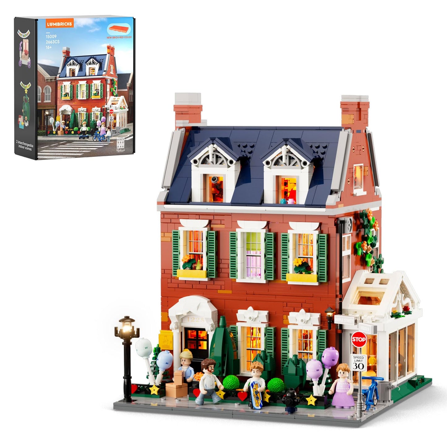Lumibricks Redbrick Row House Lighting Set – 2,663 Bricks, LED City Town Modular Building Kit