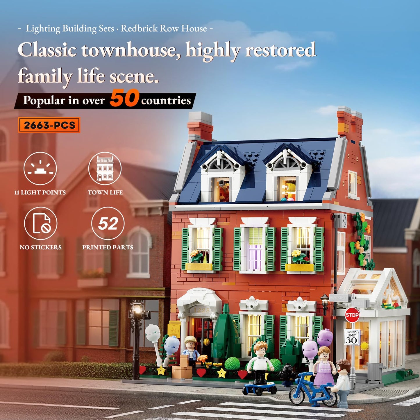 Lumibricks Redbrick Row House Lighting Set – 2,663 Bricks, LED City Town Modular Building Kit
