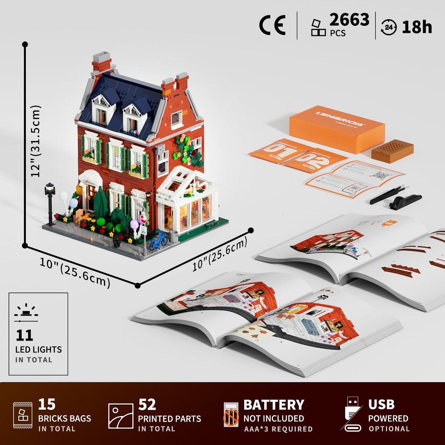 Lumibricks Redbrick Row House Lighting Set – 2,663 Bricks, LED City Town Modular Building Kit