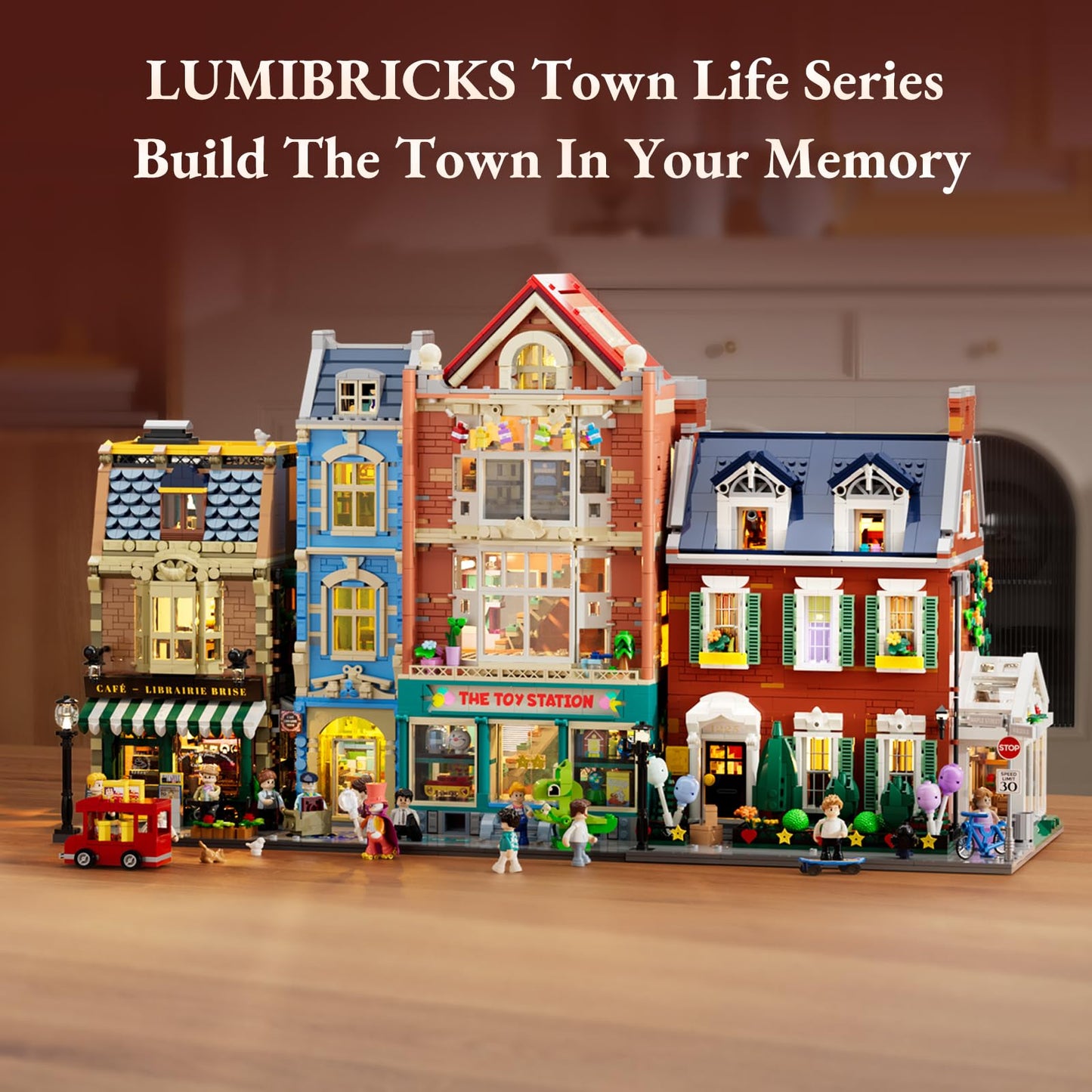 Lumibricks Redbrick Row House Lighting Set – 2,663 Bricks, LED City Town Modular Building Kit