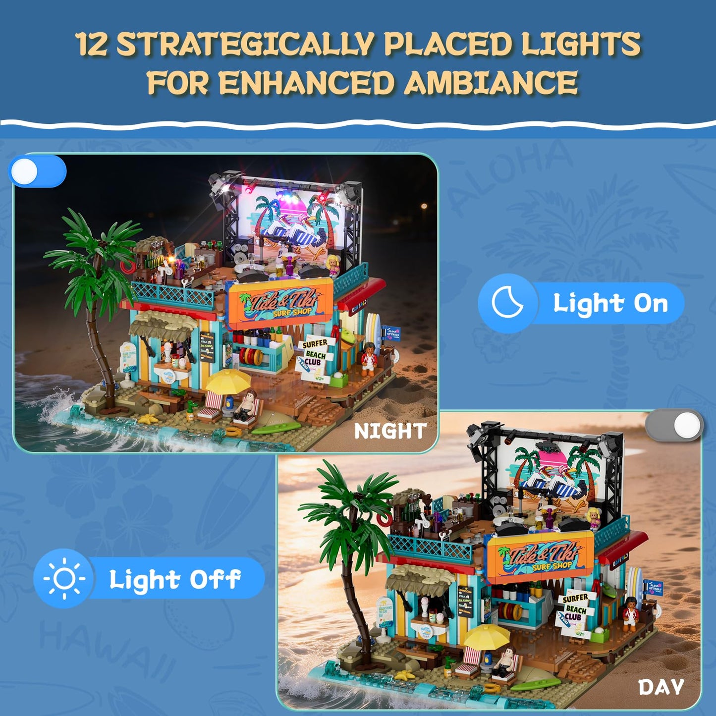 Lumibricks Surf Shop Lighting Building Bricks Set – Coast Club Modular Collection with LED and Minifigures (1752 Pcs)