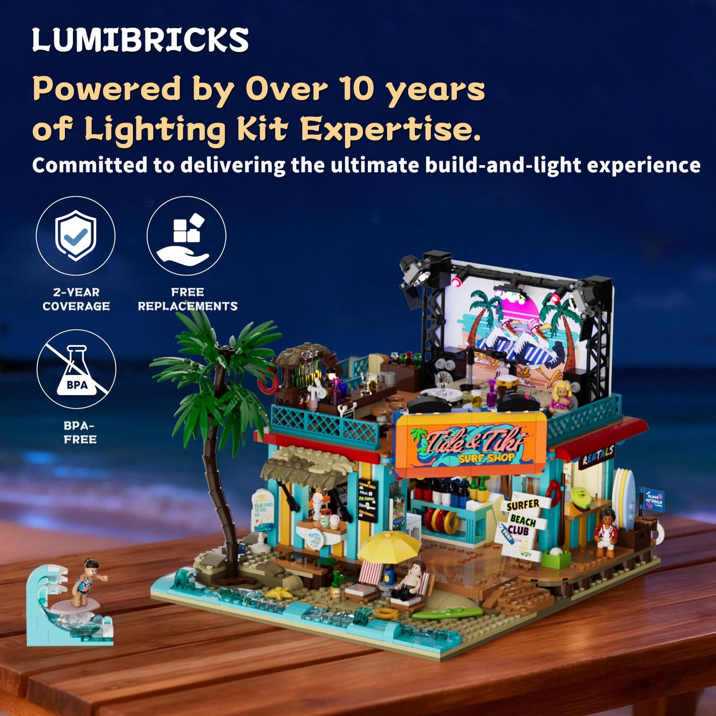Lumibricks Surf Shop Lighting Building Bricks Set – Coast Club Modular Collection with LED and Minifigures (1752 Pcs)