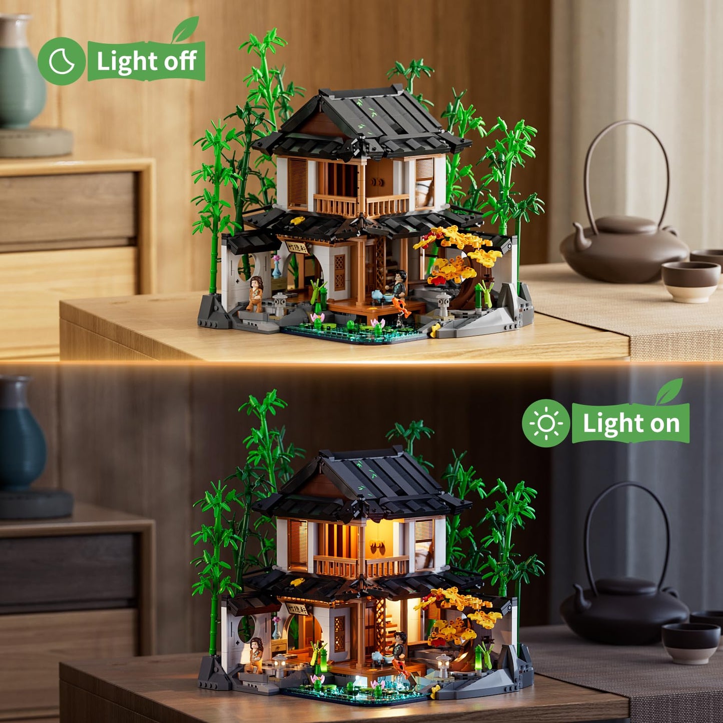 Lumibricks Bamboo-House Lighting Building-Bricks Set | Retro Chinese Cabin & Treehouse LED Kit (2432 pcs)