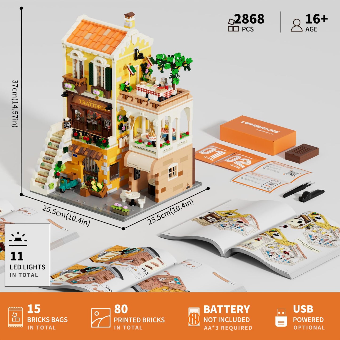 Lumibricks Italian Trattoria Lighting Set – 2868-Piece City Town Modular Build Kit