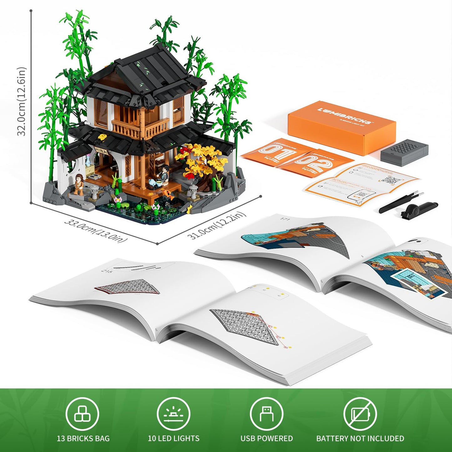 Lumibricks Bamboo-House Lighting Building-Bricks Set | Retro Chinese Cabin & Treehouse LED Kit (2432 pcs)
