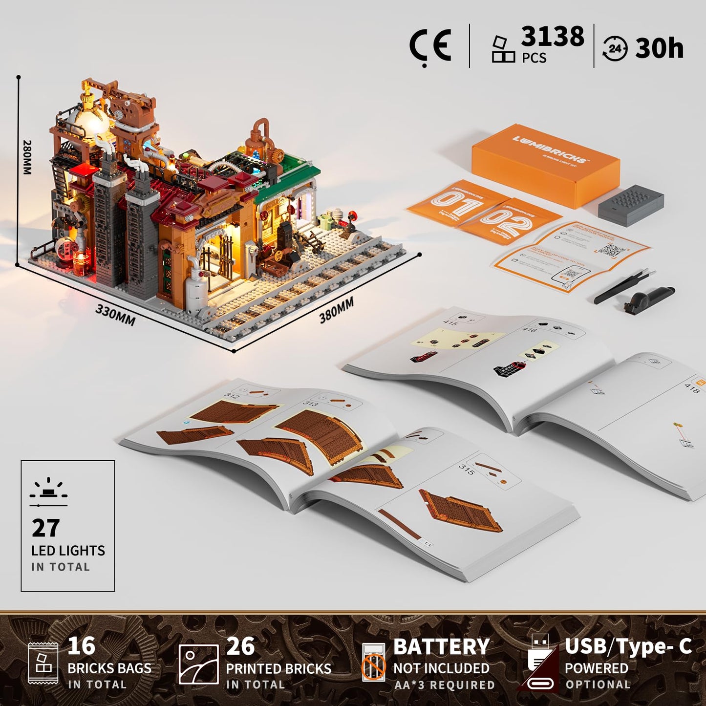 Lumibricks Steampunk Ore Factory Lighting Building-Bricks Set – 3138 Pcs Interactive Mechanical Display