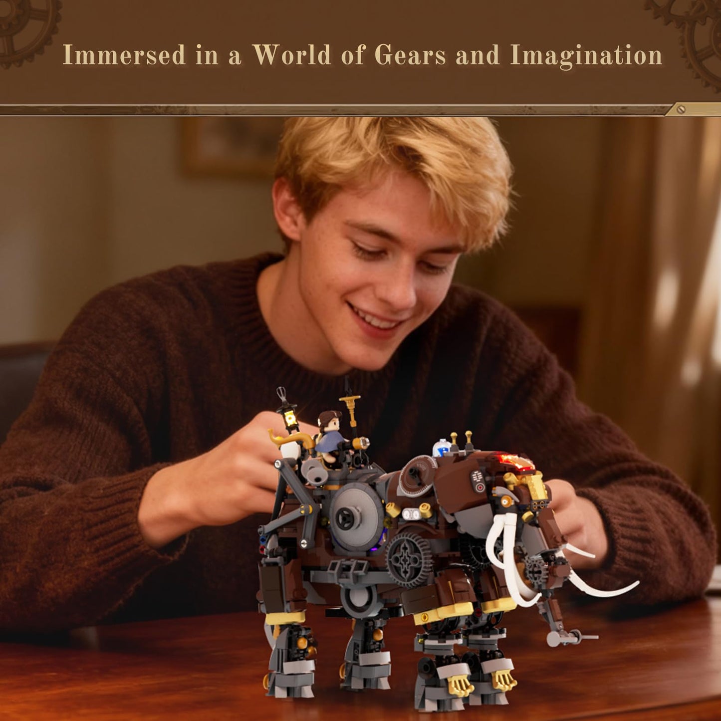 Lumibricks Steampunk Steamphant Lighting Building Bricks Set – Mammoth Model with Minifigures, 1055 Pcs