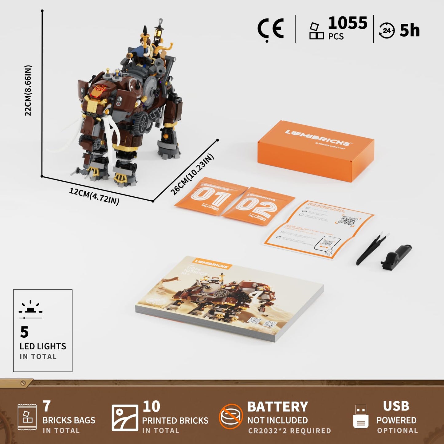 Lumibricks Steampunk Steamphant Lighting Building Bricks Set – Mammoth Model with Minifigures, 1055 Pcs