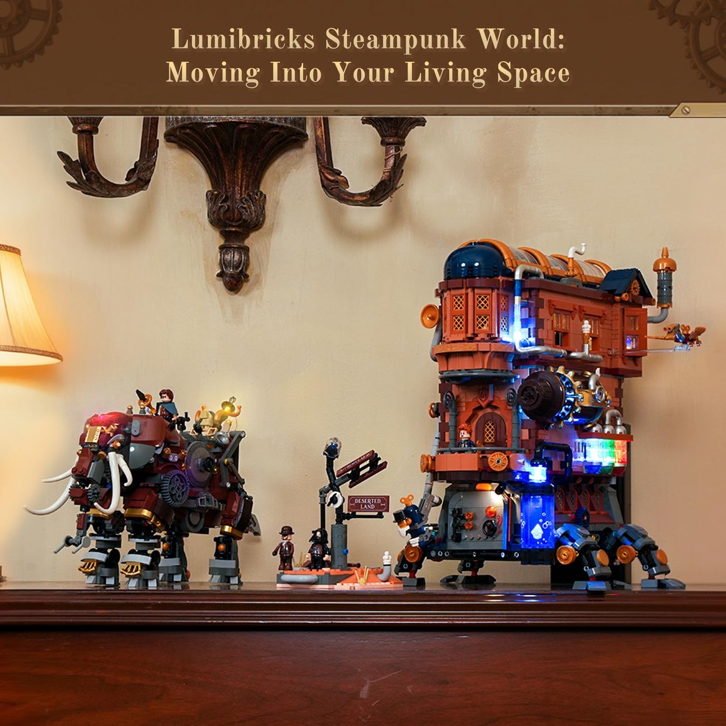 Lumibricks Steampunk Steamphant Lighting Building Bricks Set – Mammoth Model with Minifigures, 1055 Pcs