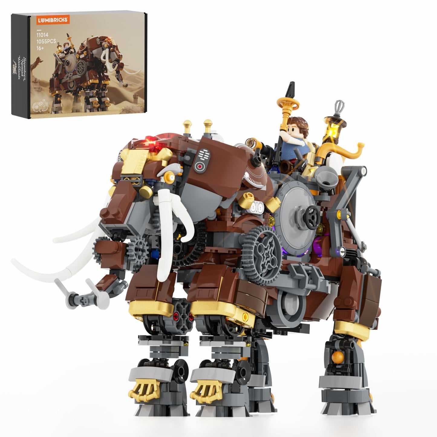 Lumibricks Steampunk Steamphant Lighting Building Bricks Set – Mammoth Model with Minifigures, 1055 Pcs