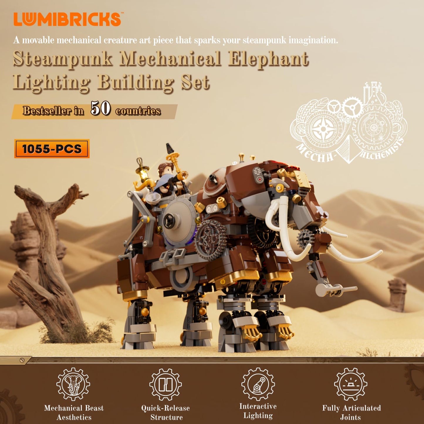 Lumibricks Steampunk Steamphant Lighting Building Bricks Set – Mammoth Model with Minifigures, 1055 Pcs