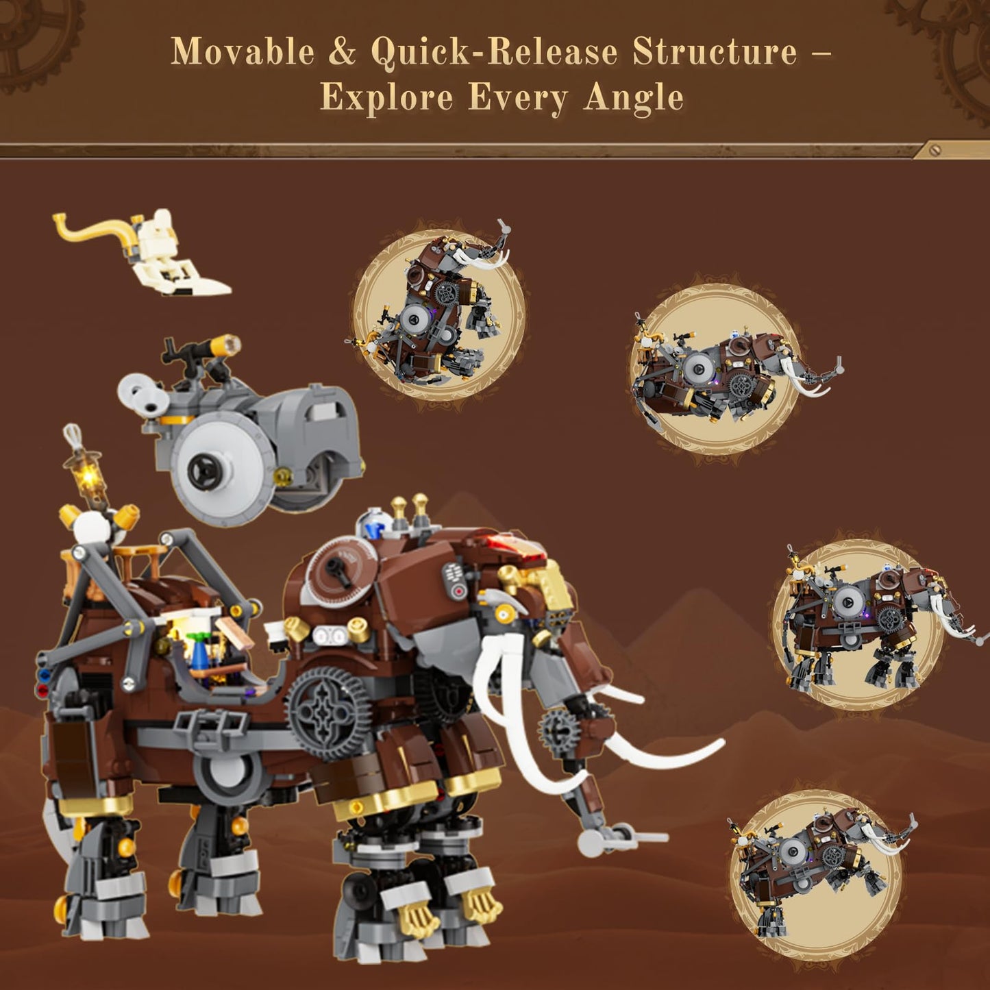 Lumibricks Steampunk Steamphant Lighting Building Bricks Set – Mammoth Model with Minifigures, 1055 Pcs