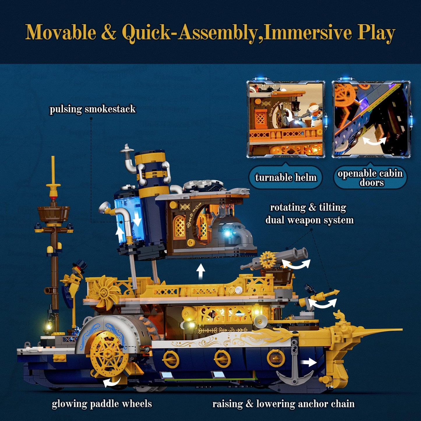 Lumibricks Steampunk Steamship Lighting Bricks Set — 1,792-Piece Pirate Ship Model with Minifigures