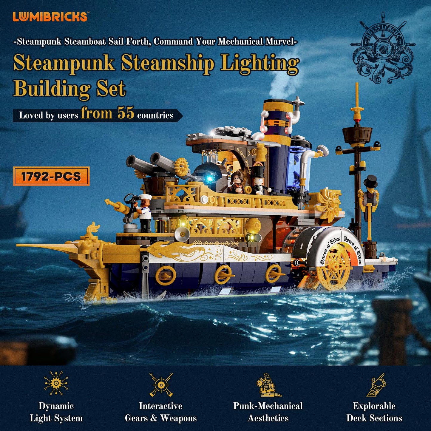 Lumibricks Steampunk Steamship Lighting Bricks Set — 1,792-Piece Pirate Ship Model with Minifigures