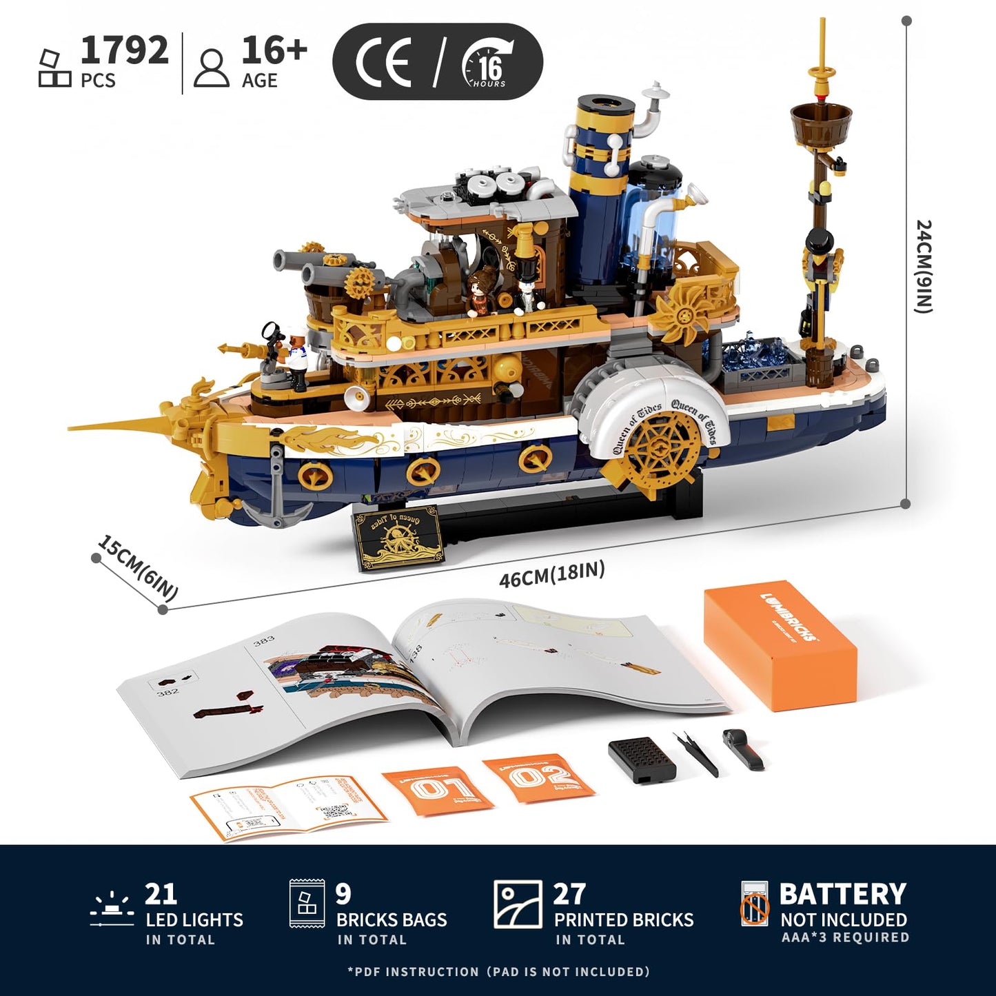 Lumibricks Steampunk Steamship Lighting Bricks Set — 1,792-Piece Pirate Ship Model with Minifigures