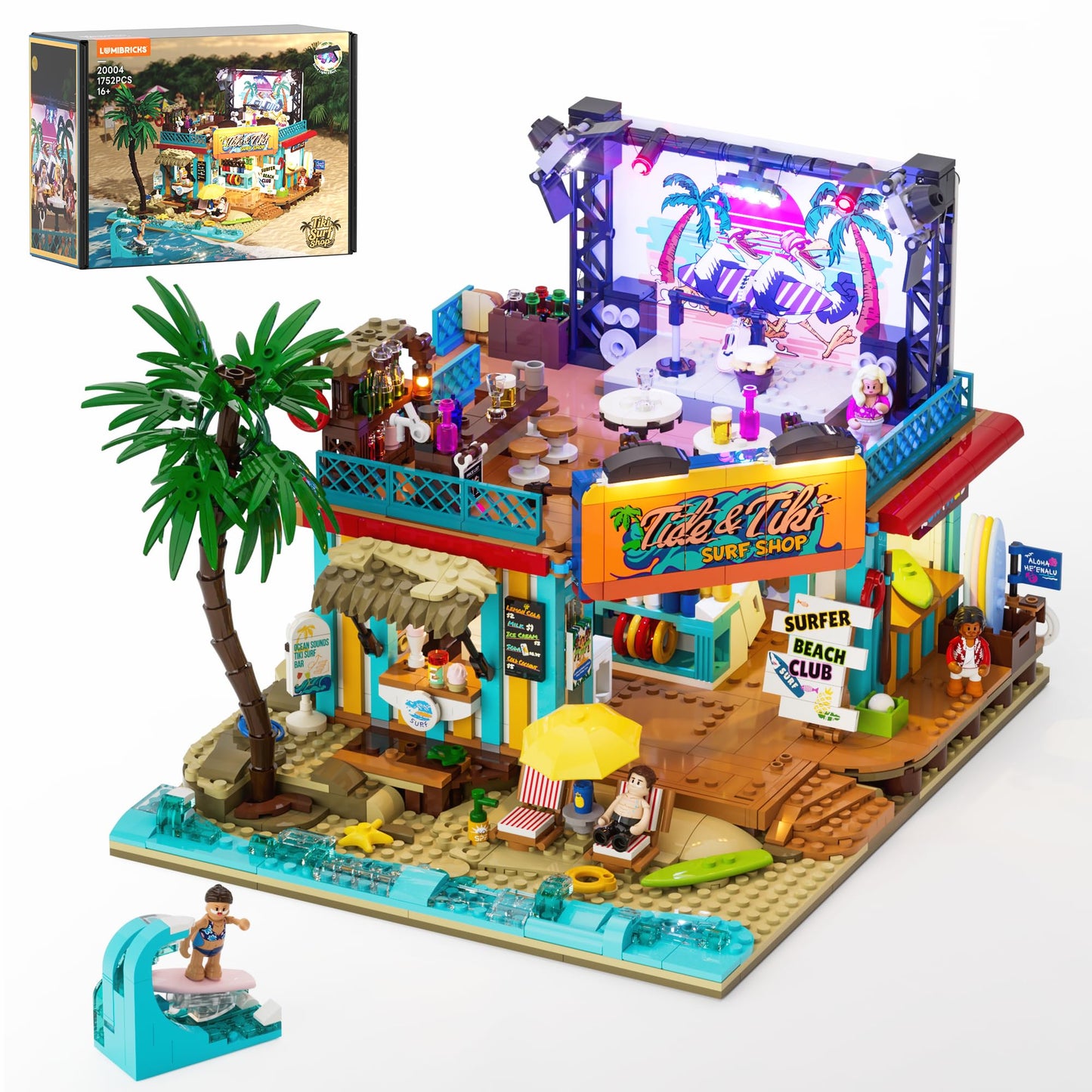 Lumibricks Surf Shop Lighting Building Bricks Set – Coast Club Modular Collection with LED and Minifigures (1752 Pcs)