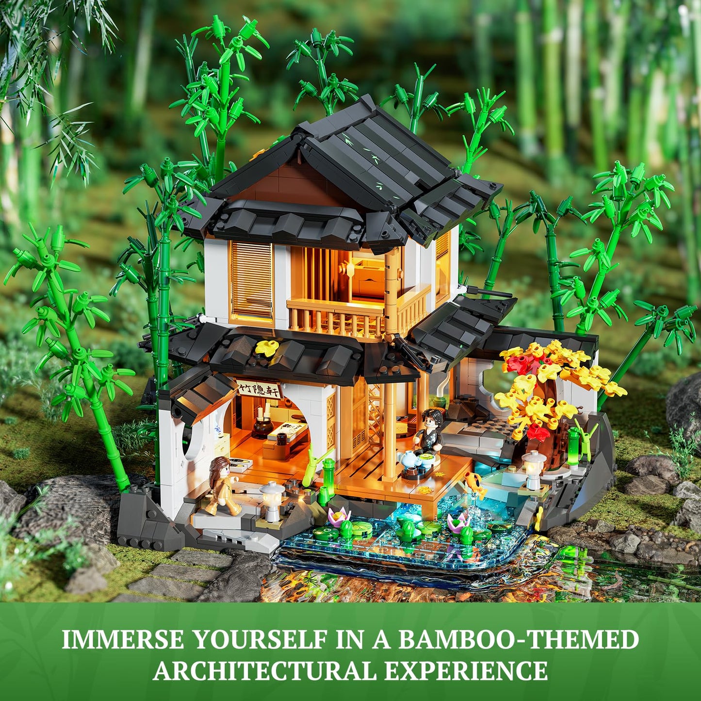 Lumibricks Bamboo-House Lighting Building-Bricks Set | Retro Chinese Cabin & Treehouse LED Kit (2432 pcs)