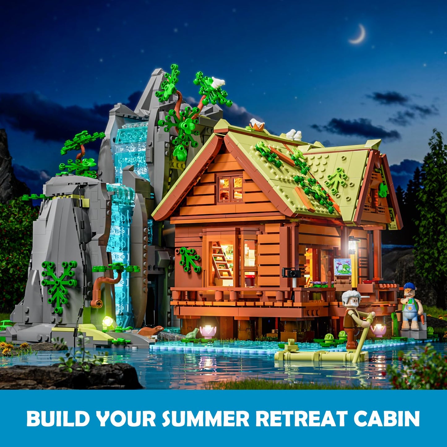 Lumibricks Waterfall-Cabin Lighting Building Bricks Set | 2539 Pcs LED Retro Cabin for Collectors