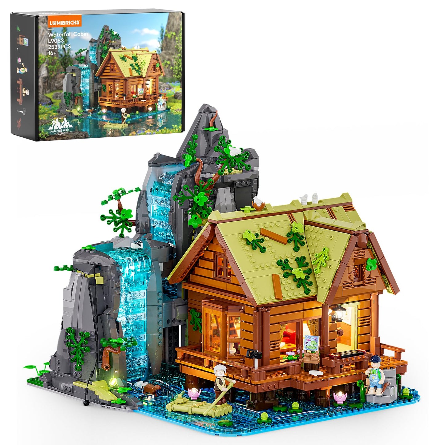 Lumibricks Waterfall-Cabin Lighting Building Bricks Set | 2539 Pcs LED Retro Cabin for Collectors