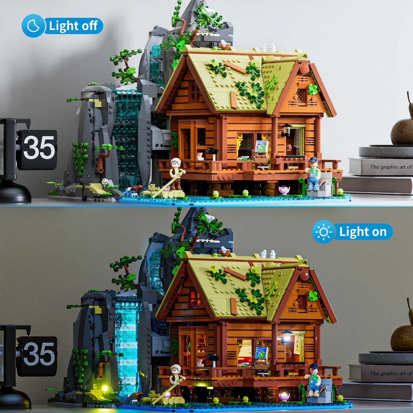 Lumibricks Waterfall-Cabin Lighting Building Bricks Set | 2539 Pcs LED Retro Cabin for Collectors