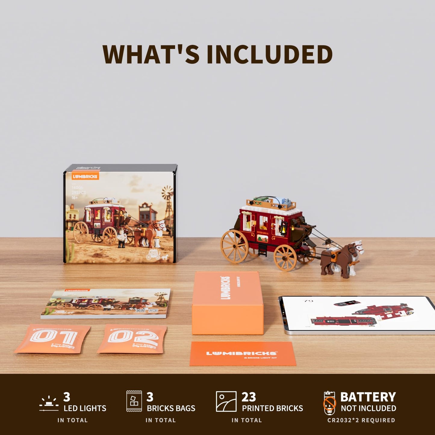 Lumibricks Western Stagecoach Lighting Building-Bricks Set – 293 Pcs Collection Display