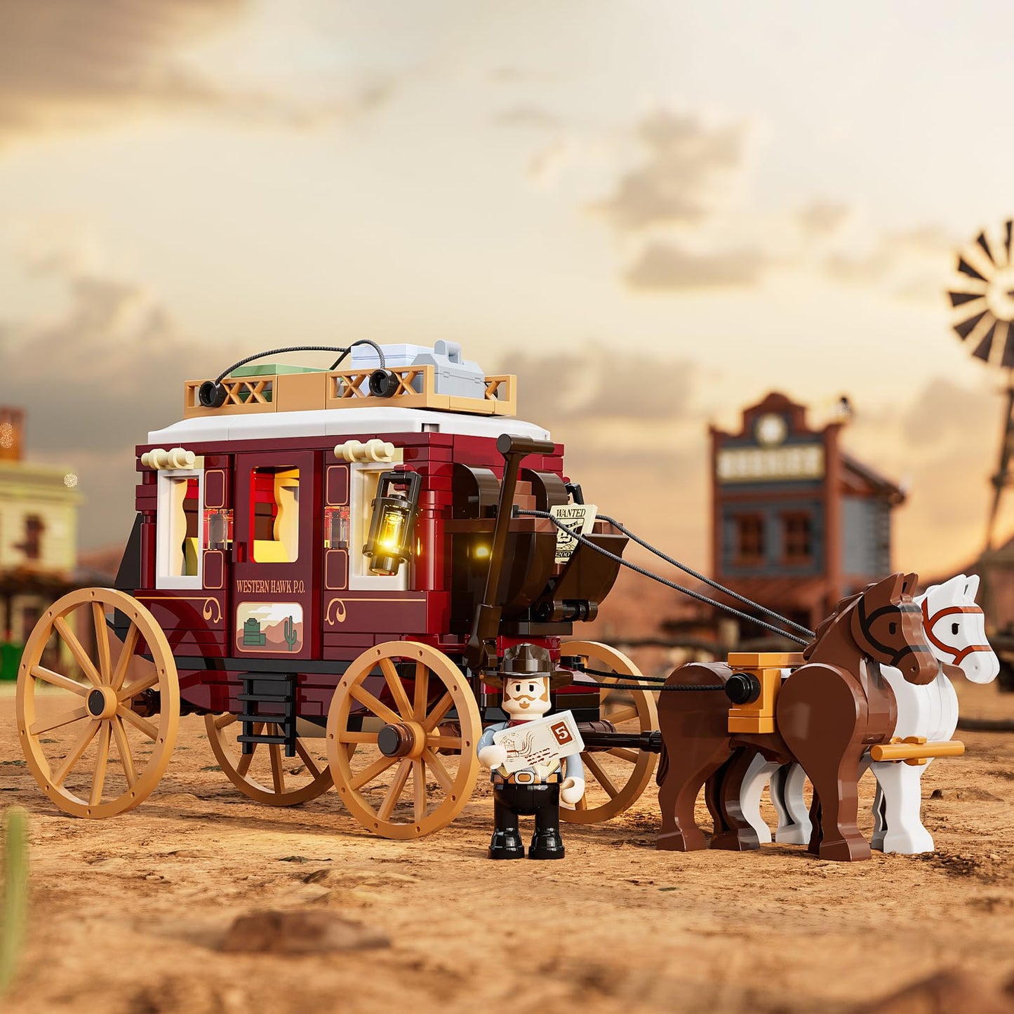 Lumibricks Western Stagecoach Lighting Building-Bricks Set – 293 Pcs Collection Display