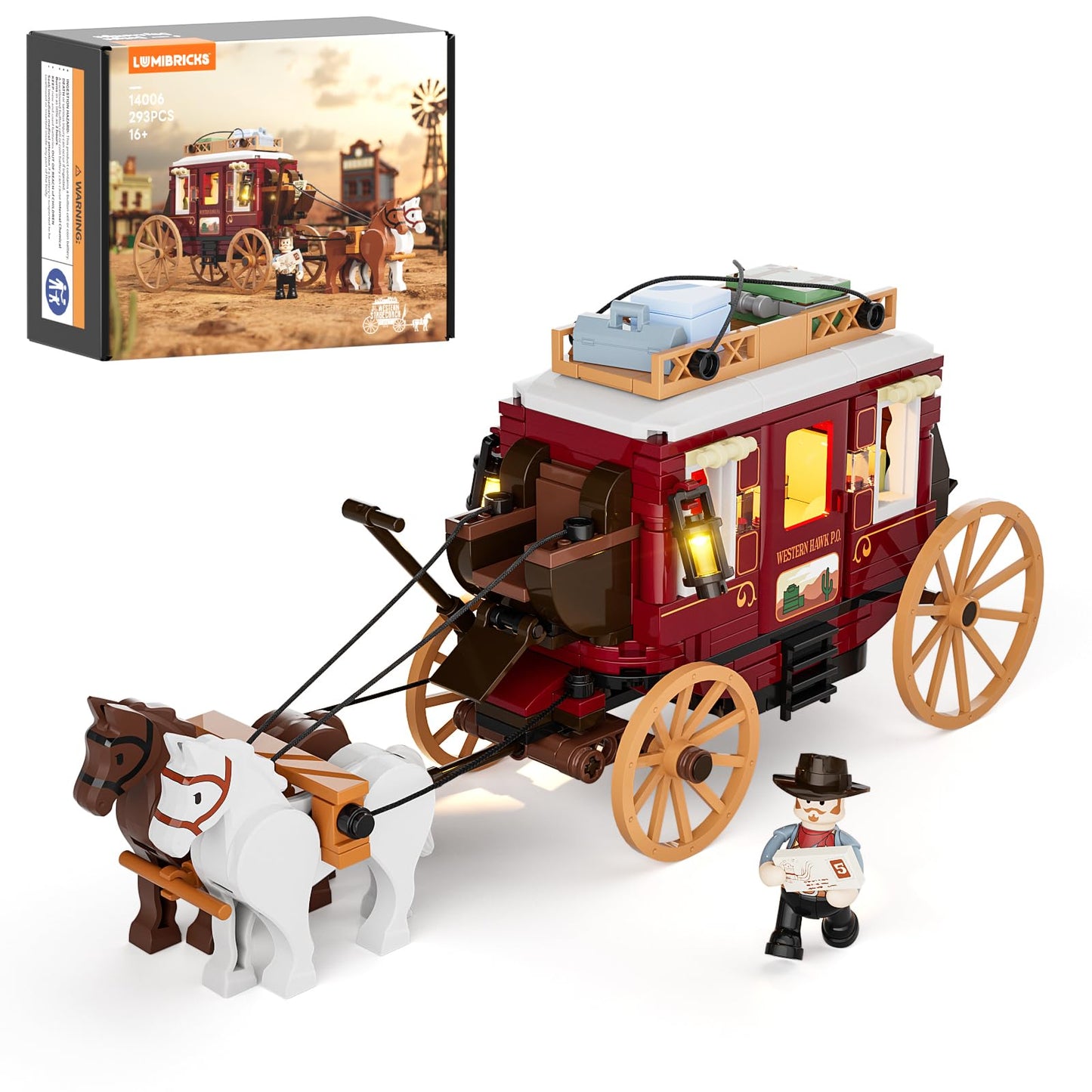 Lumibricks Western Stagecoach Lighting Building-Bricks Set – 293 Pcs Collection Display