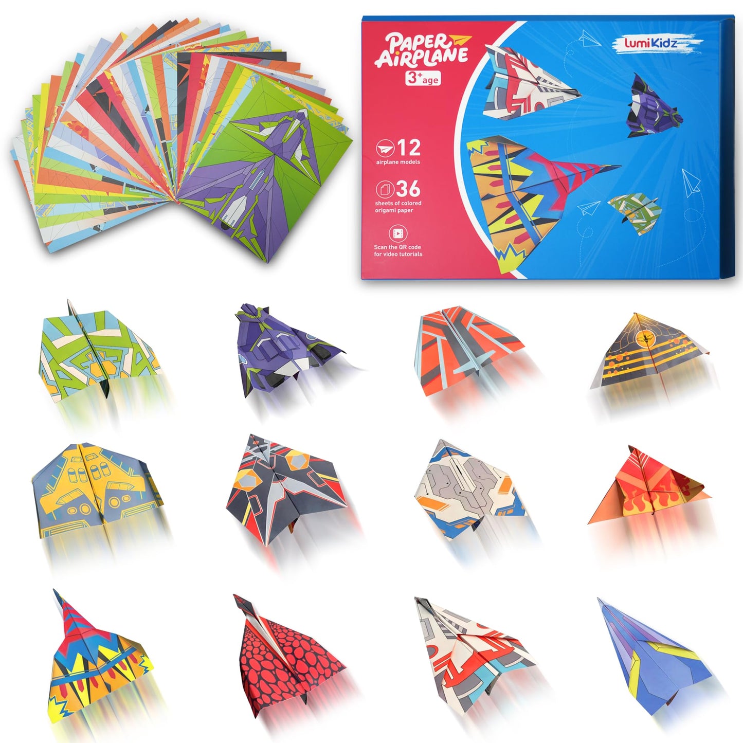 Lumikidz Paper Airplane Kits – 12 Classic Origami Designs, 36 Sheets | STEM Fun for Kids 5-12