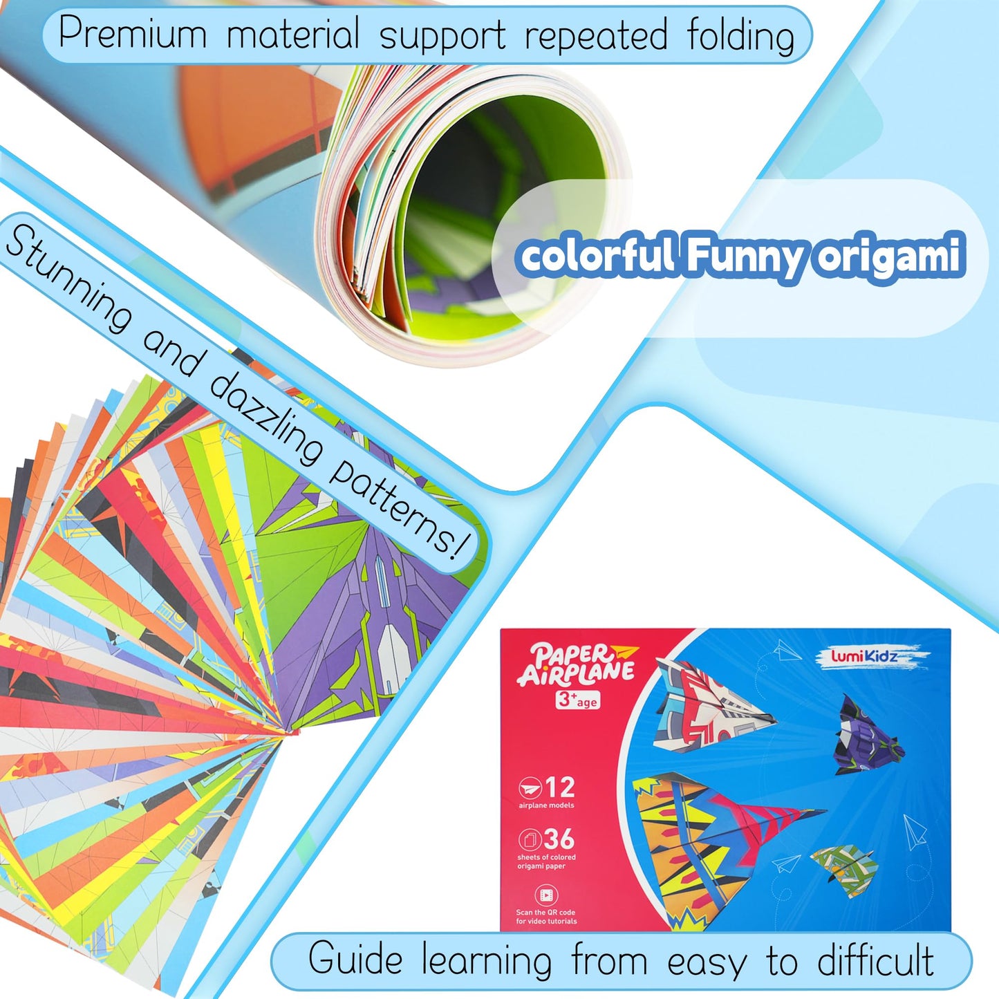 Lumikidz Paper Airplane Kits – 12 Classic Origami Designs, 36 Sheets | STEM Fun for Kids 5-12