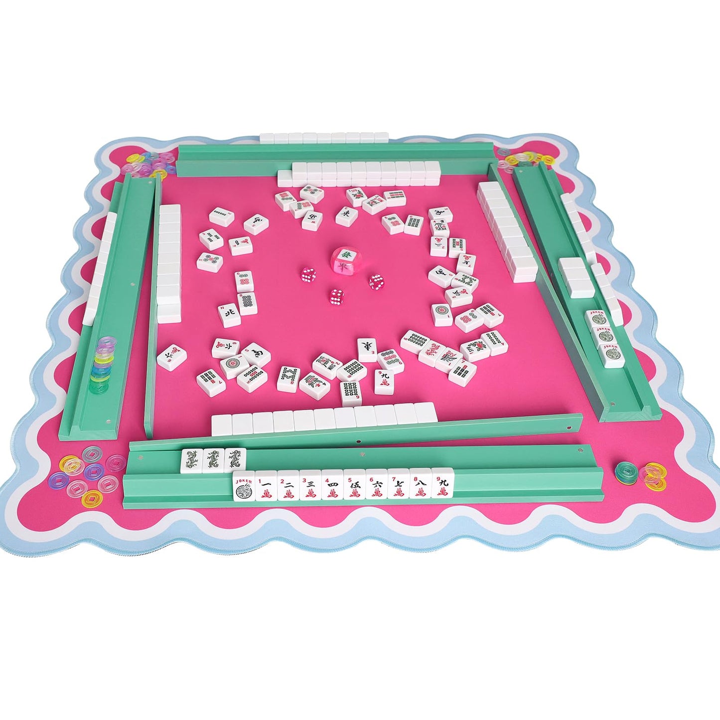 LUMIVIA Mahjong Racks with Pushers – Light Green Wood, Set of 4 + Drawstring Bag