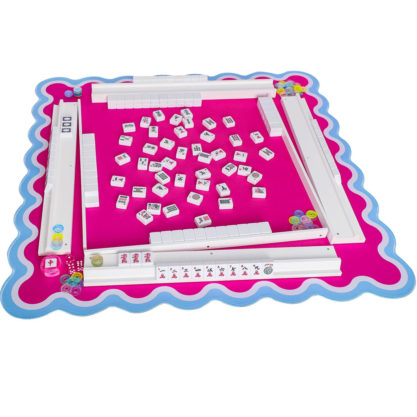 LUMIVIA Mahjong Racks with Pushers – White Wood Racks Set of 4 + Drawstring Bag