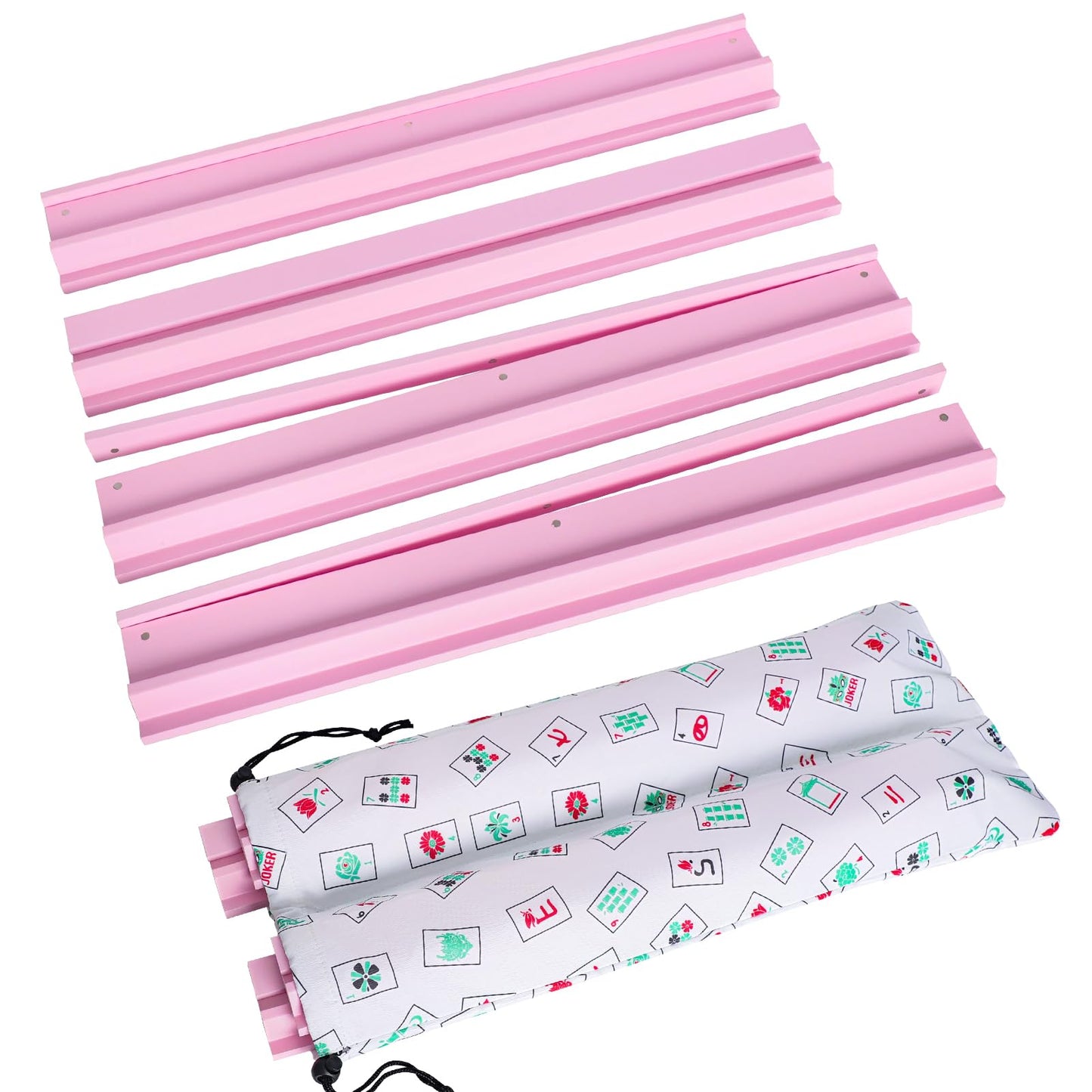 LUMIVIA Mahjong Racks with Pushers — Pink Wood Set of 4 + Drawstring Bag