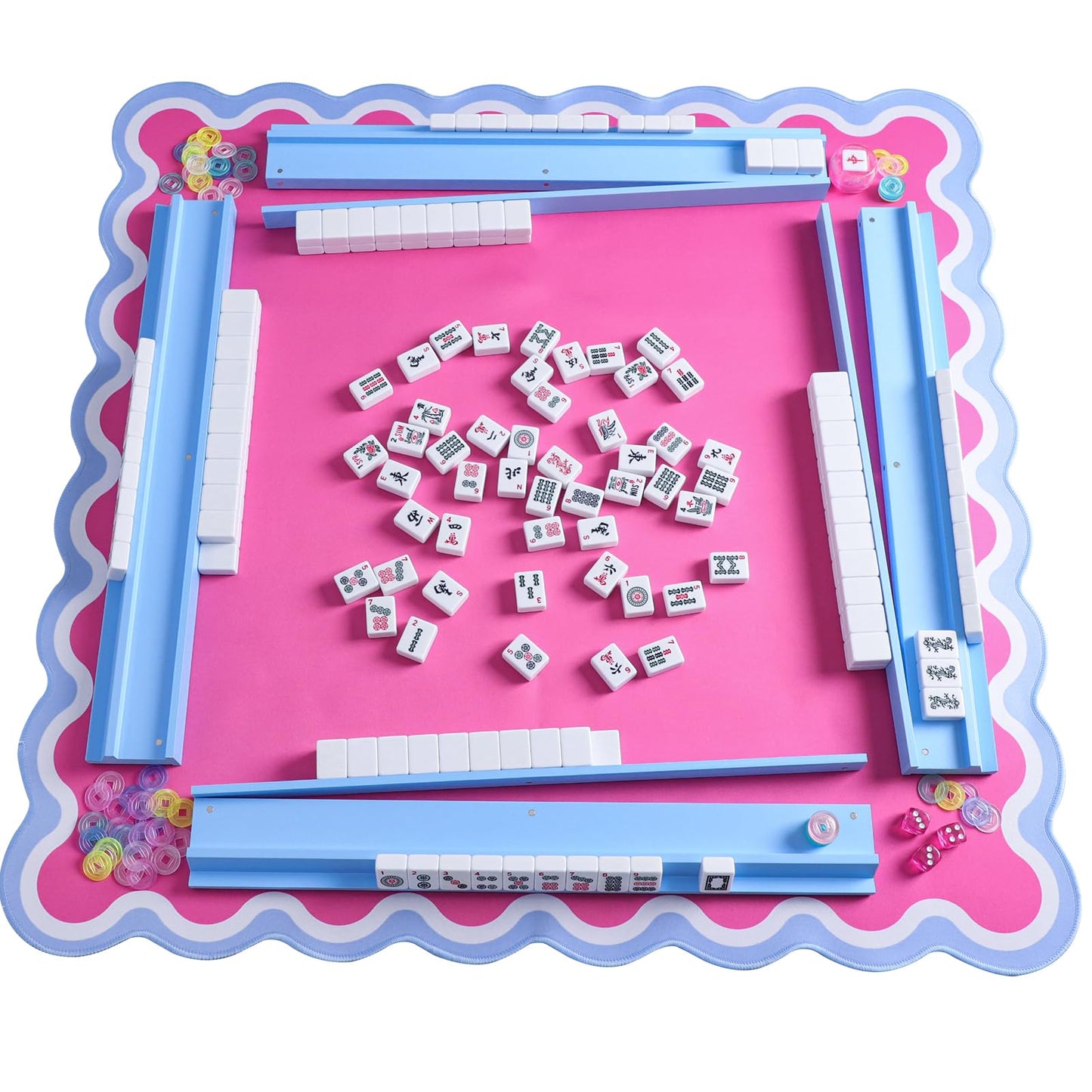 LUMIVIA Mahjong Racks with Pushers – Blue Wooden Racks, Set of 4 + White Drawstring Bag