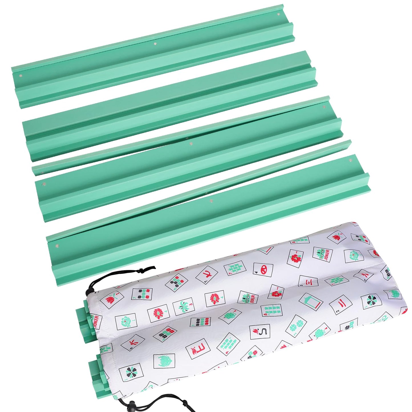 LUMIVIA Mahjong Racks with Pushers – Light Green Wood, Set of 4 + Drawstring Bag