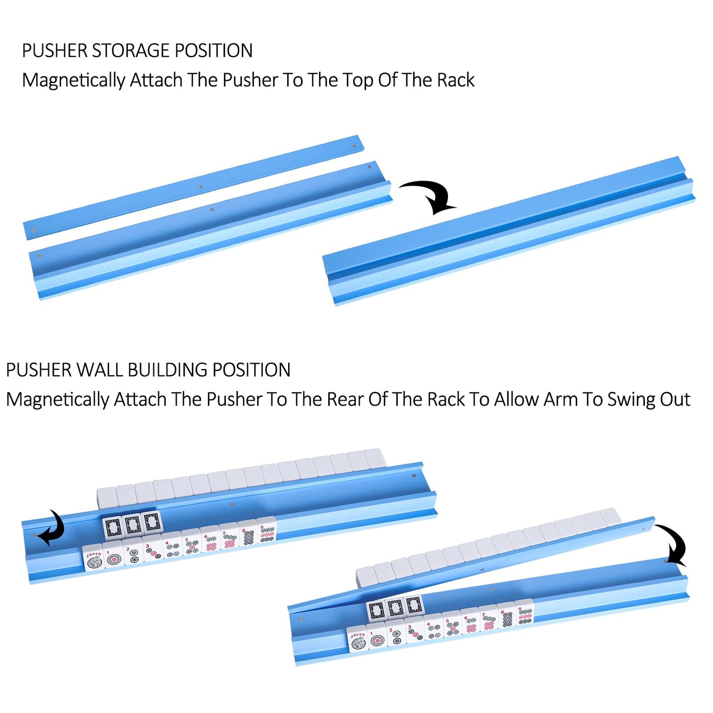 LUMIVIA Mahjong Racks with Pushers – Blue Wooden Racks, Set of 4 + White Drawstring Bag