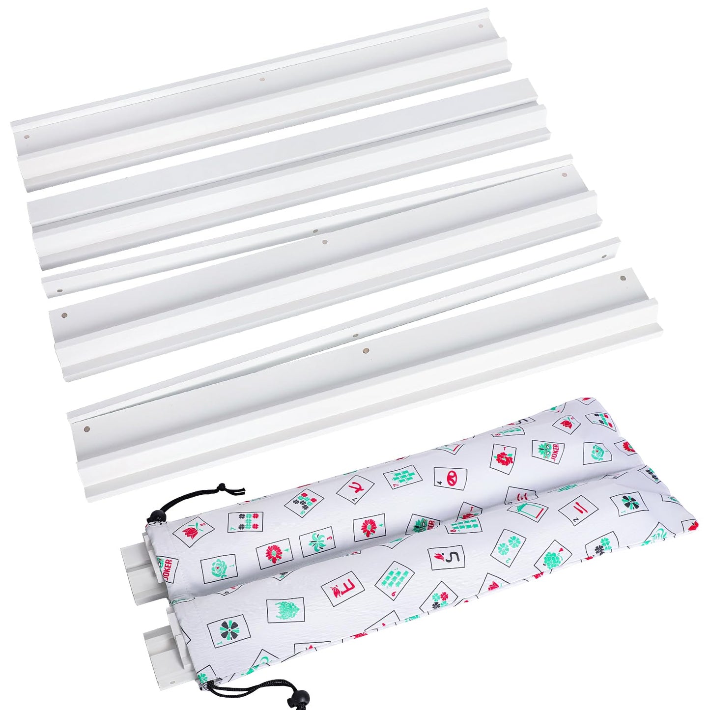 LUMIVIA Mahjong Racks with Pushers – White Wood Racks Set of 4 + Drawstring Bag