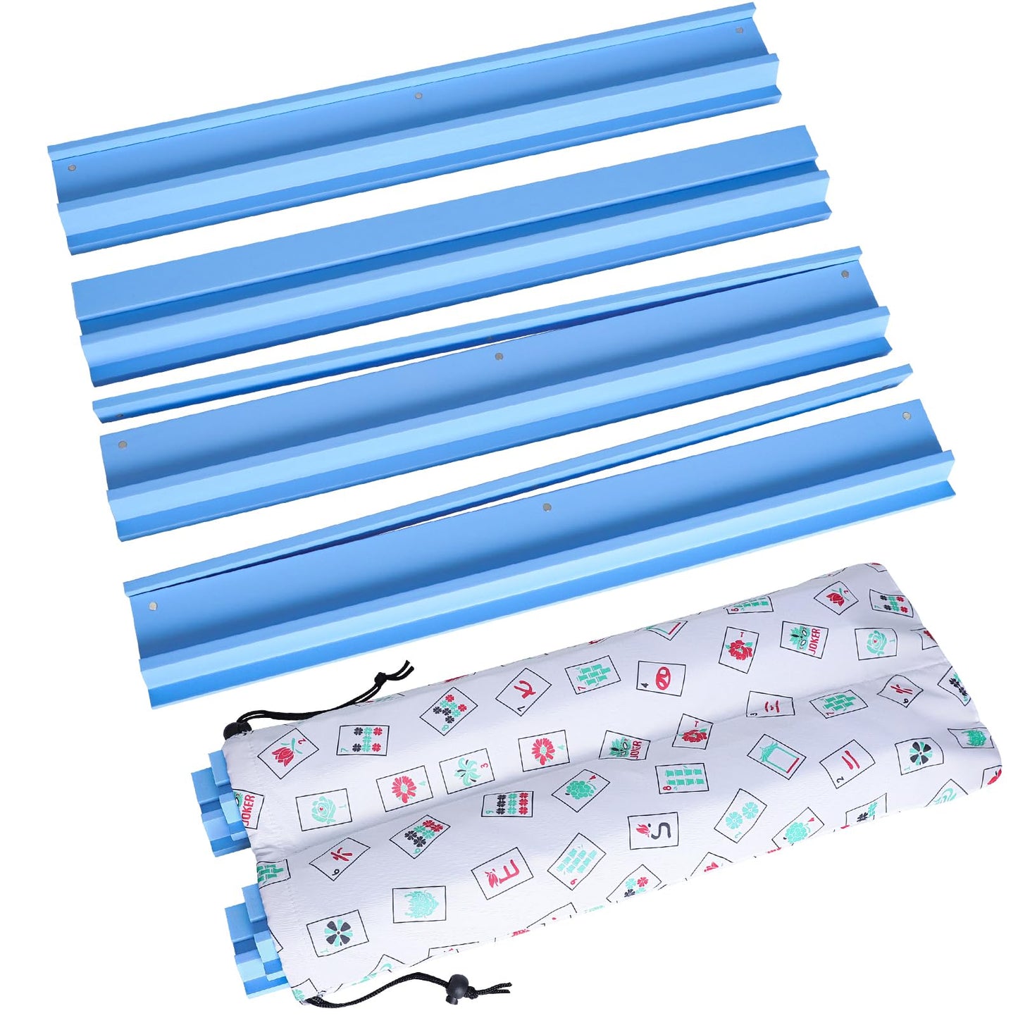 LUMIVIA Mahjong Racks with Pushers – Blue Wooden Racks, Set of 4 + White Drawstring Bag