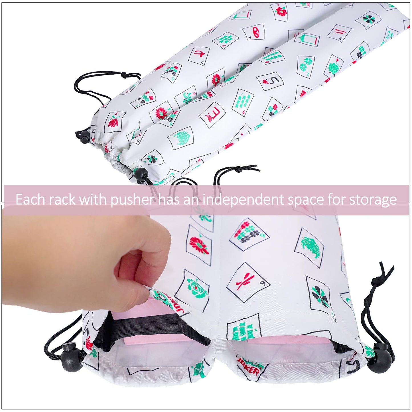 LUMIVIA Mahjong Racks with Pushers — Pink Wood Set of 4 + Drawstring Bag
