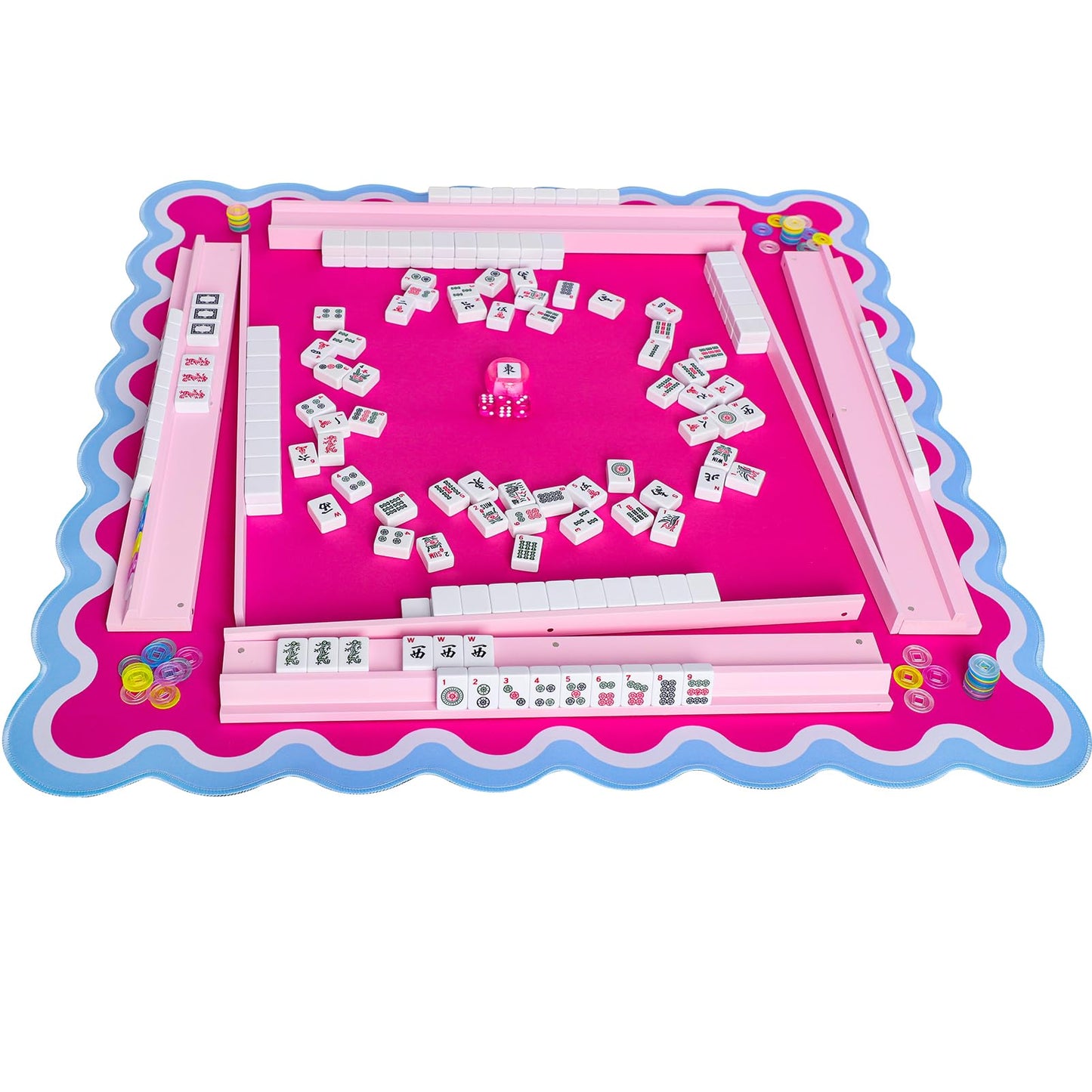 LUMIVIA Mahjong Racks with Pushers — Pink Wood Set of 4 + Drawstring Bag