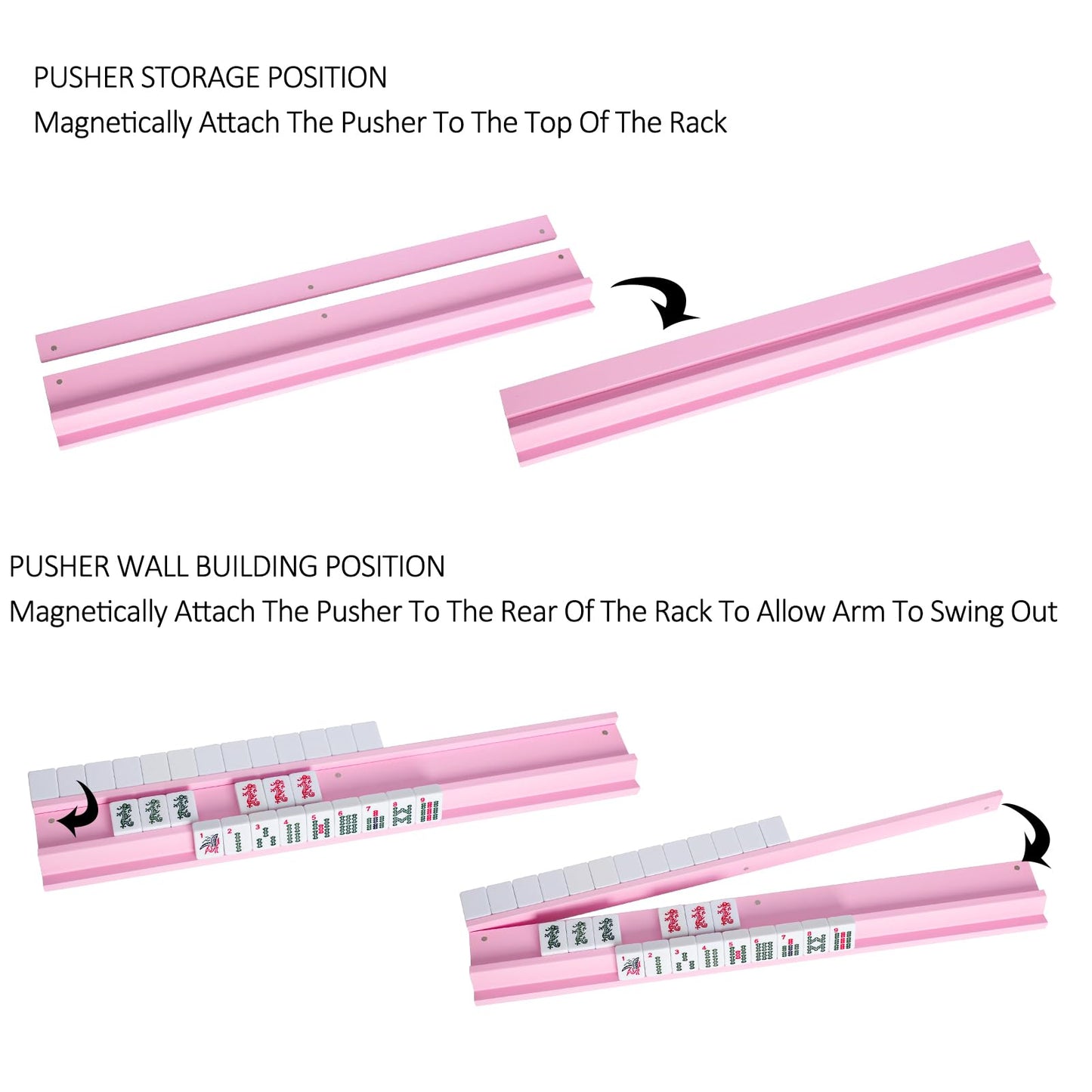 LUMIVIA Mahjong Racks with Pushers — Pink Wood Set of 4 + Drawstring Bag
