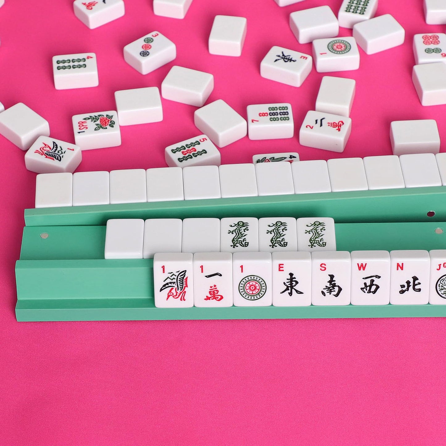 LUMIVIA Mahjong Racks with Pushers – Light Green Wood, Set of 4 + Drawstring Bag