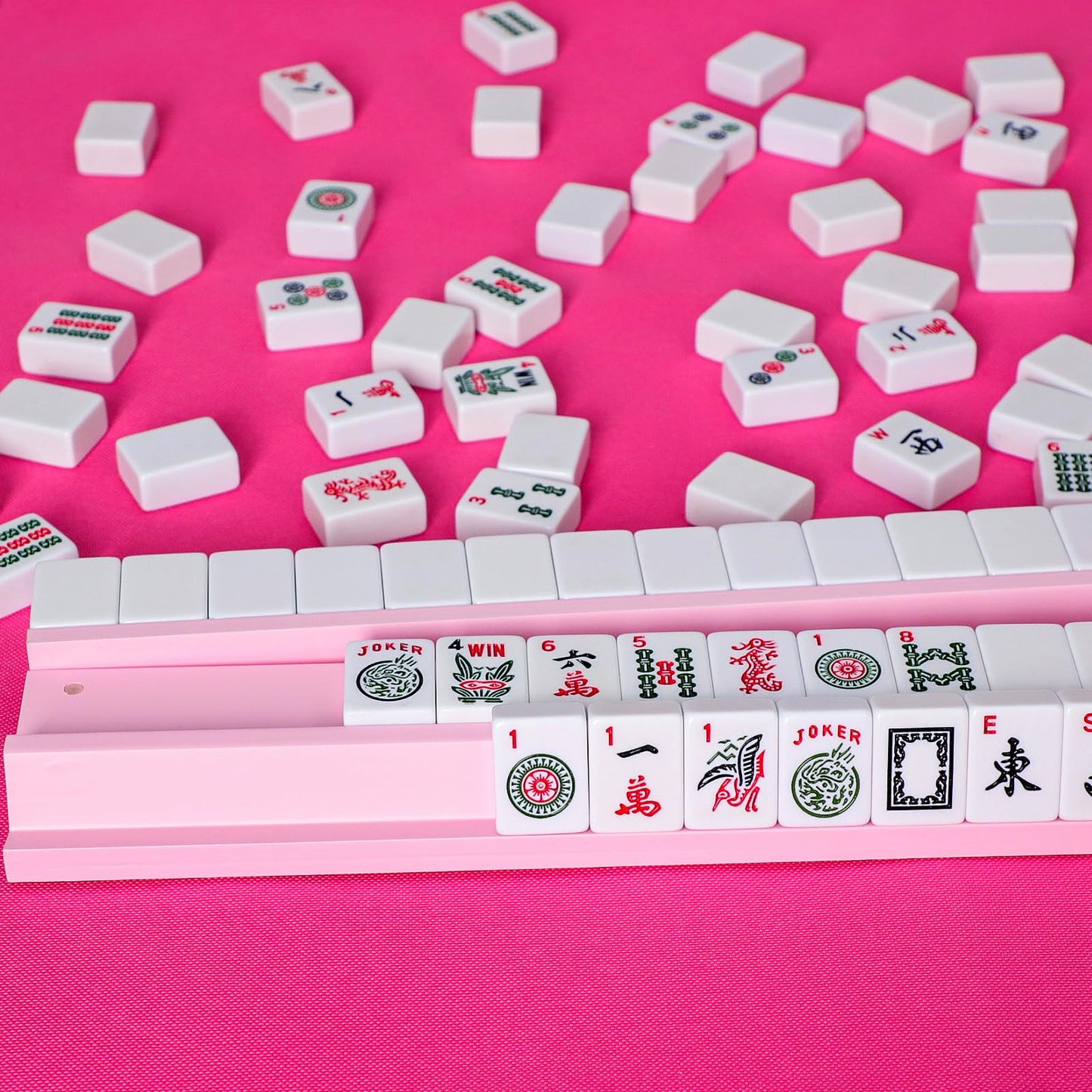 LUMIVIA Mahjong Racks with Pushers — Pink Wood Set of 4 + Drawstring Bag