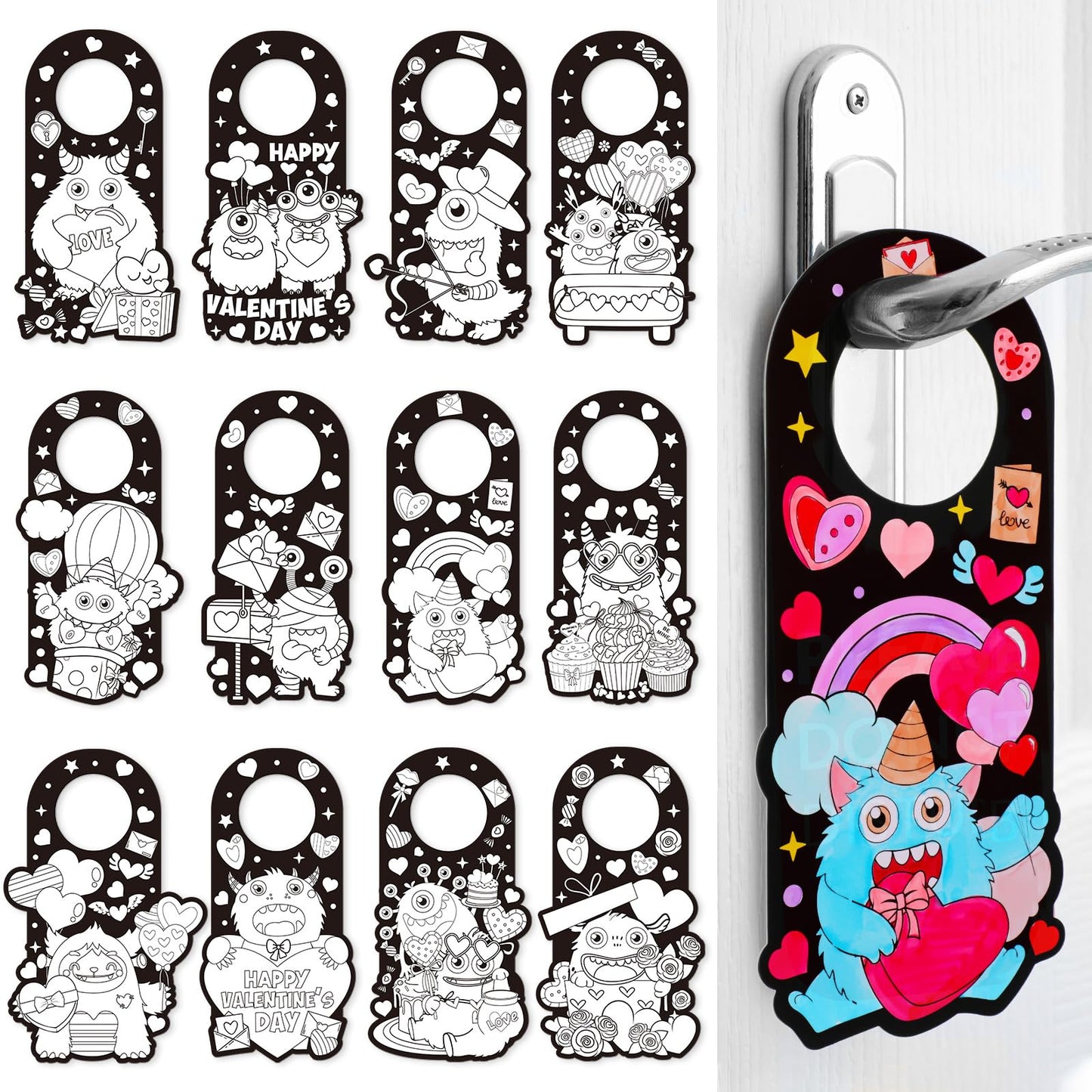 Lunmon 24-Pack Valentine Doorknob Hangers – Color-Your-Own Monster DIY Craft