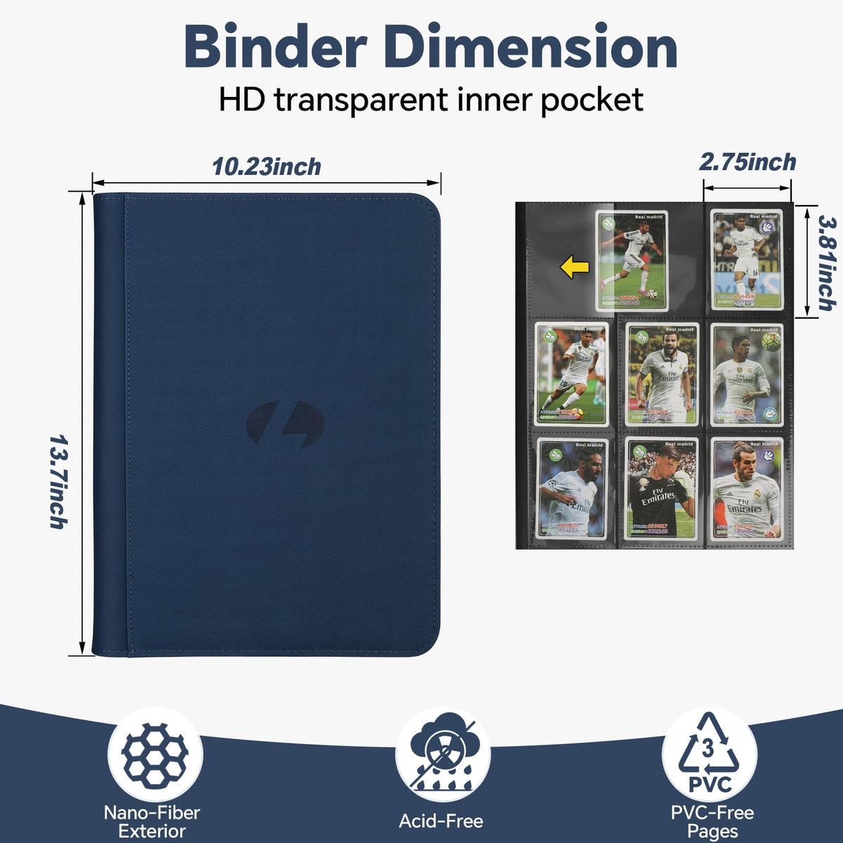 LUNNSHO Trading Card Binder – Premium 9-Pocket Double-Sided Album, 540 Card Capacity, PU Water-Resistant, Dark Blue