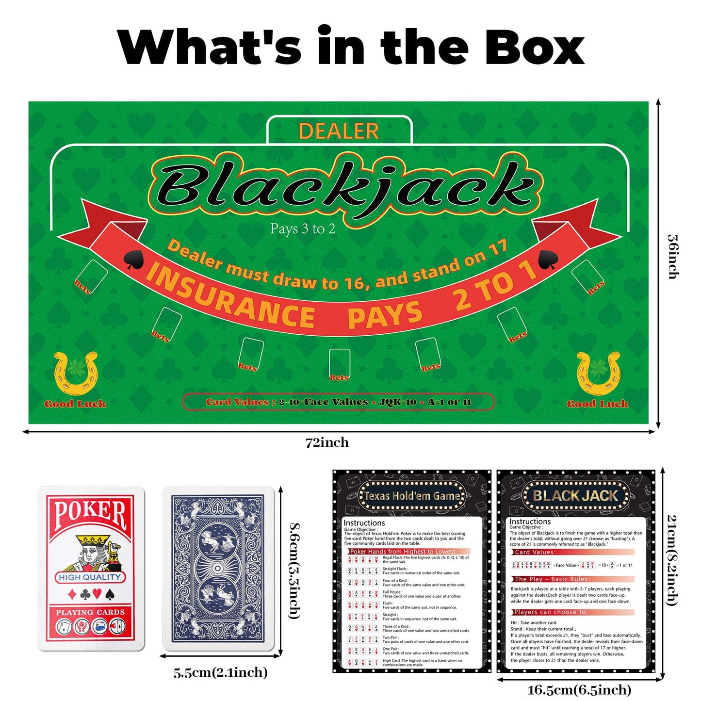 Lunorvexia Double-Sided Poker Mat 36x72 – Blackjack & Texas Hold’em Table Topper with 2 Decks