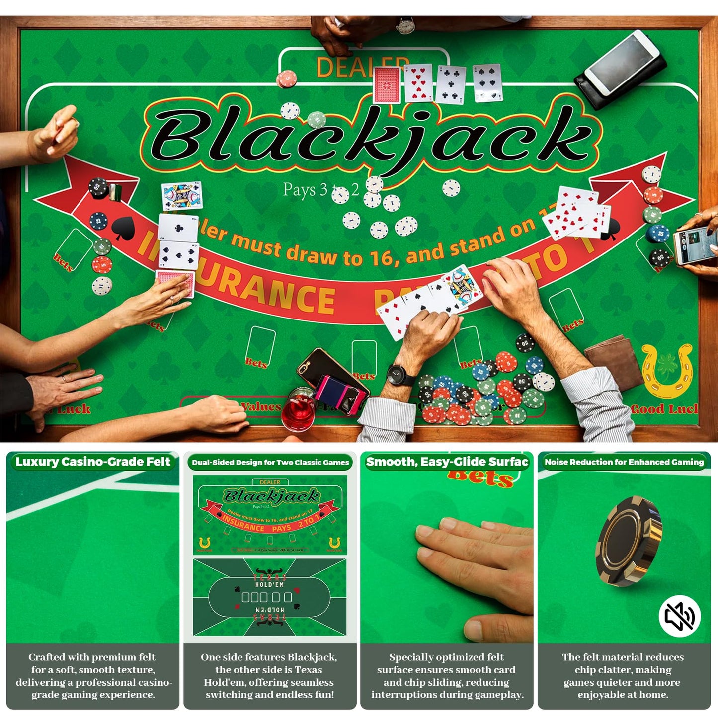 Lunorvexia Double-Sided Poker Mat 36x72 – Blackjack & Texas Hold’em Table Topper with 2 Decks