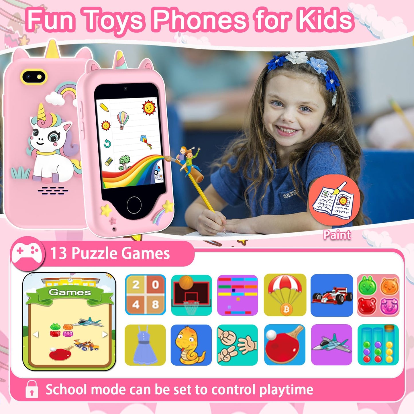 Luoba Kids Phone for Girls & Boys - 2.8-Inch Touchscreen Learning Toy with Camera, 8GB, 3-10 Years
