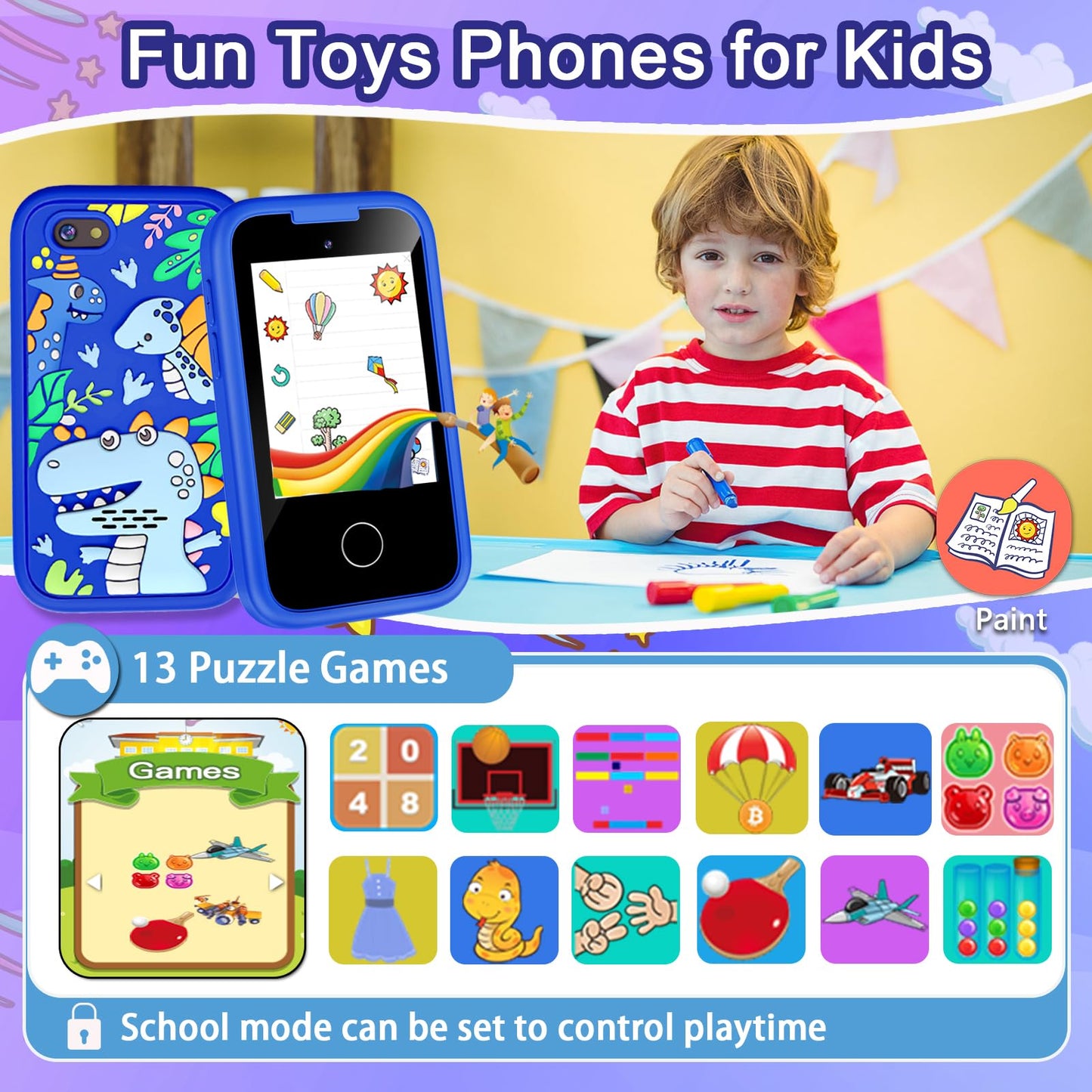 Luoba Kids Phone - 2.8" Touchscreen Toy with Dual Camera, 8GB, Blue