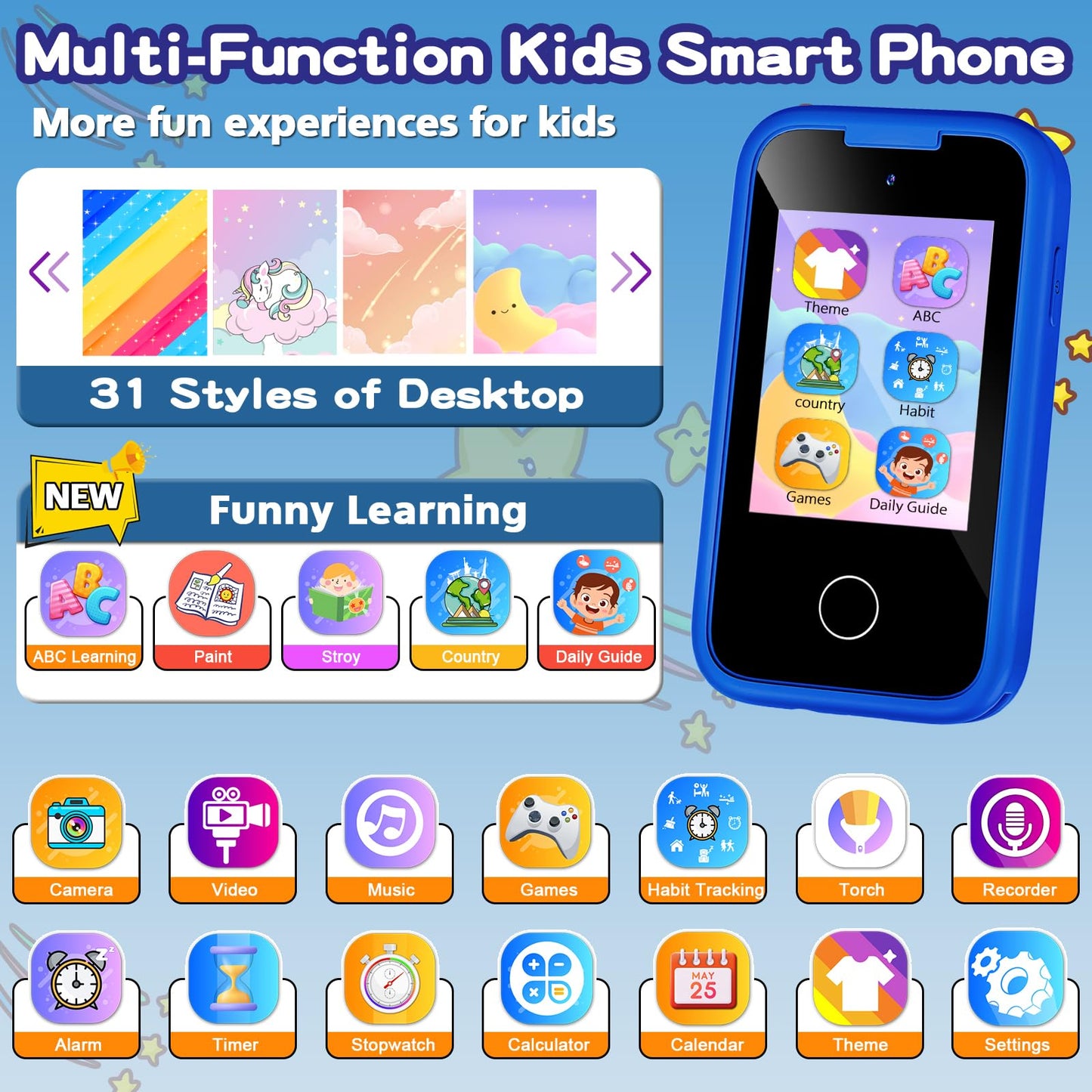 Luoba Kids Phone - 2.8" Touchscreen Toy with Dual Camera, 8GB, Blue