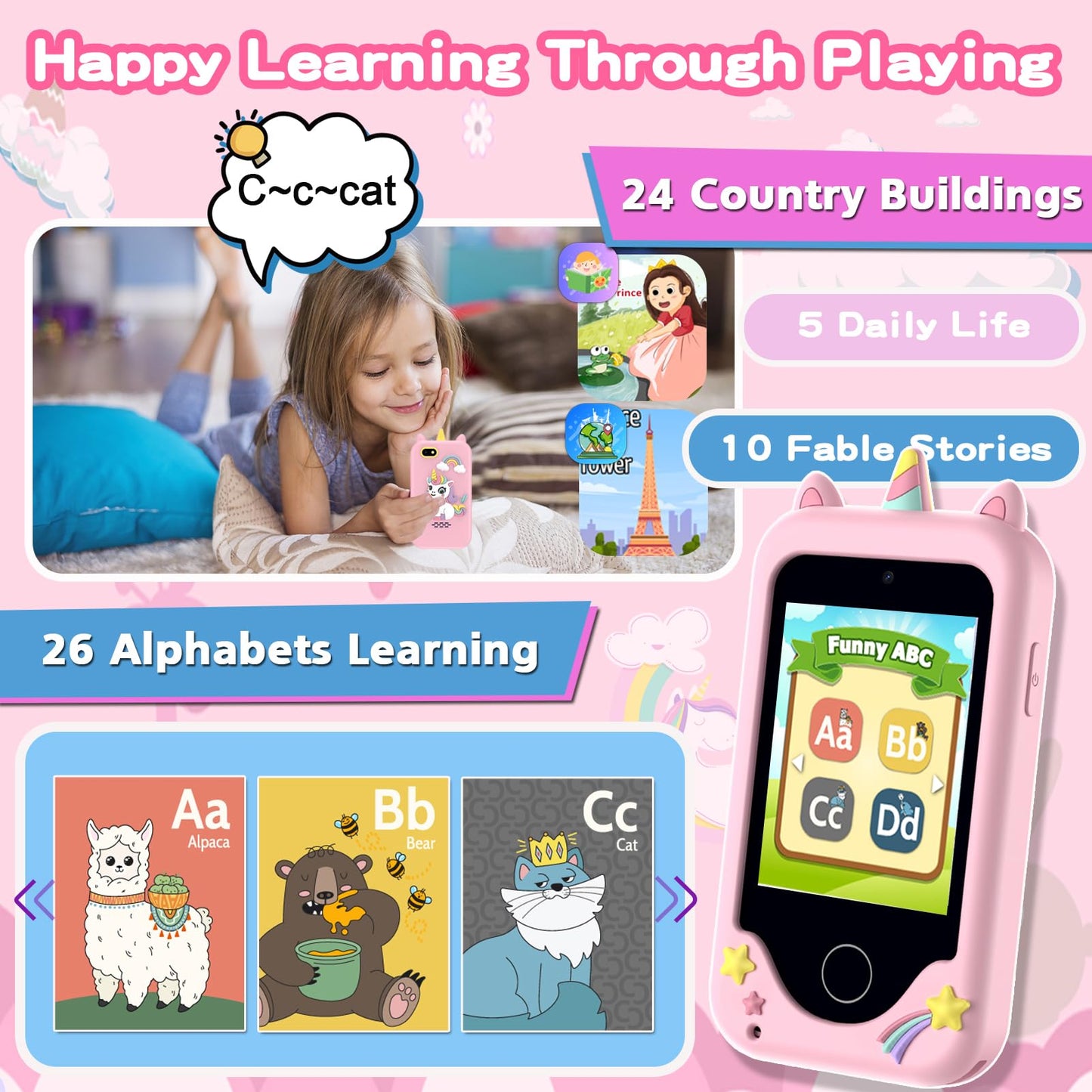 Luoba Kids Phone for Girls & Boys - 2.8-Inch Touchscreen Learning Toy with Camera, 8GB, 3-10 Years